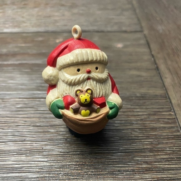 Vintage Christmas wooden Santa w/ sack and bear tree ornament - Picture 1 of 4